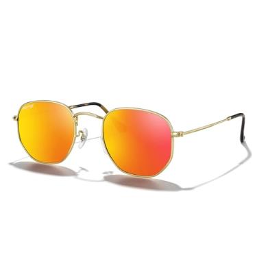 Imagem de MERRY'S Óculos de sol clássicos polarizados para mulheres e homens, vintage, polígono, óculos de sol quadrados S6548, Armação dourada polida/lente espelhada laranja, Lens Width:51 Millimeters