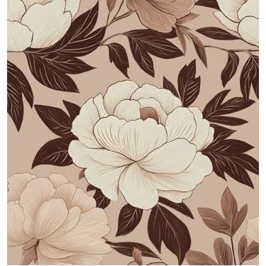 Imagem de Papel de parede floral vintage rosa descasque e cole branco retrô peônia flores papel de contato 44,5 cm x 299,7 cm papel de parede boho vinil impermeável removível para quarto, prateleiras, gavetas