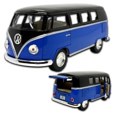 Imagem de Miniatura Kombi Microbus 1962 em metal, 1/32 13 CM, abertura de portas laterais e porta malas, rodinhas em borracha e com fricção, Carrinho de ferro miniatura (Preto e azul)