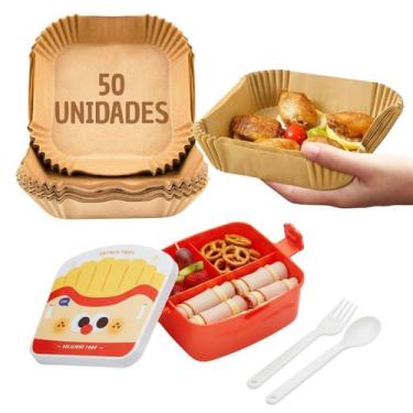 Imagem de Kit Marmita Lancheira Infantil 3 Divisórias 50 Formas de Papel Airfrye