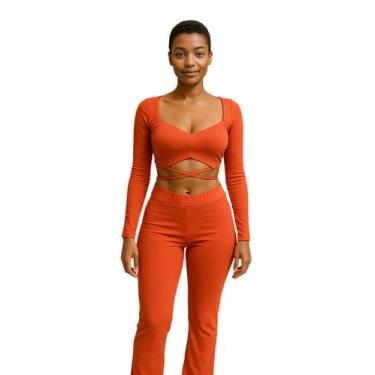 Imagem de Conjunto Feminino com Bojo Cropped Manga Longa com Recortes e Amarraçã