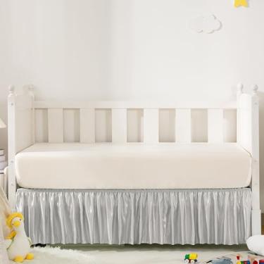 Imagem de Counfeisly Saia para cama de berço de cetim cinza claro, 132 x 71 cm com saia de berço macia e sedosa de 35,5 cm para bebês meninas ou meninos, adequada para berço padrão e roupa de cama infantil