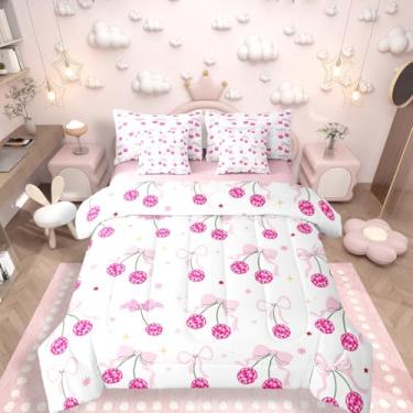 Imagem de Conjunto de cama com laço de cereja rosa com laço de princesa e nó de laço kawaii 3D em uma bolsa para meninas, conjunto de cama casal com laço rosa e cereja