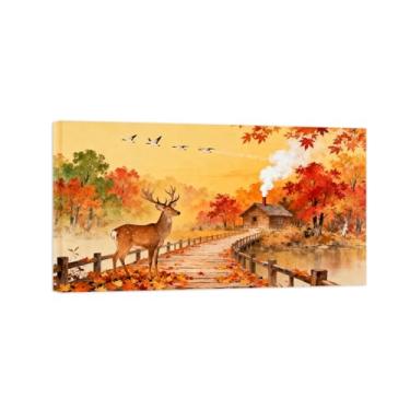 Imagem de Quadro arte parede outono-Veado ponte árvore Impressões em tela paisagens-Pintura animais para decoração sala estar 40x72cm Tela Embrulhada