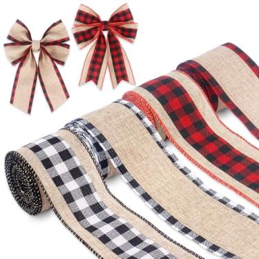 Imagem de Fita xadrez de búfalo, 4 rolos de 20 jardas 6 cm de largura com borda xadrez fita de serapilheira xadrez fitas artesanais para embrulho de presente decoração de guirlanda de árvore de Natal