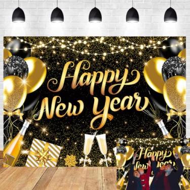 Imagem de Feliz Ano Novo 2026 pano de fundo balão dourado preto Ano Novo fotografia Cheers to 2026 faixa de festa de fim de ano adereços para cabine de fotos 25,5 x 2,5 m