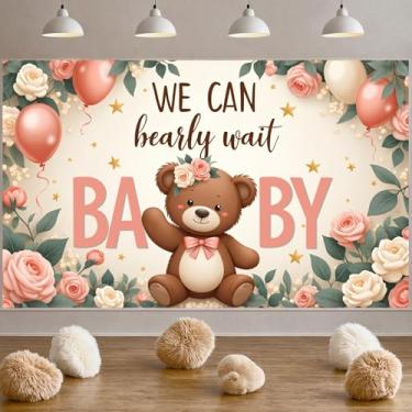 Imagem de We Can Bearly Wait Baby Pano de fundo 185 x 110 cm Urso rosa Decorações de chá de bebê Urso Rosas Balões Banner Fotografia Fundos Foto Adereços para Meninos Meninas Chá de Bebê Gênero Revelar Artigos