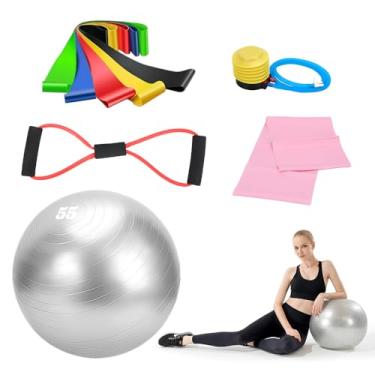 Imagem de Kit Pilates em Casa, Bola 55cm Antiestouro com Bomba de Ar, Suporta 200kg, 7 Faixas Elásticas, Kit Essencial para Ioga em Casa, Adequado para Pilates, Ioga, Ginástica e Atividades Semelhantes