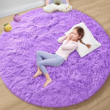 Imagem de EVOIONOS Tapete redondo roxo para sala de estar, 1,8 x 1,8 m, tapetes macios e macios para quarto, tapete circular felpudo de pelúcia para piso interno, cabeceira, berçário, lavável na máquina