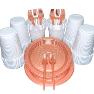 Imagem de Kit 300 Itens Festa Aniversário Descartáveis Plástico Colorido Perolado 100 Pessoas Completo Pratinho Garfinhos Copos (Branco Rose Perolado)