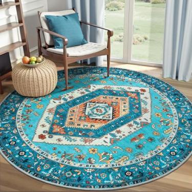 Imagem de SERISSA Tapete redondo boho, tapete circular lavável antiderrapante de 1,2 m, ultramacio, oriental, vintage, azul, camada baixa, tapete circular pequeno para quarto, entrada, quarto de crianças