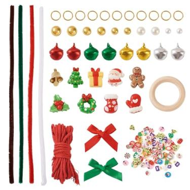 Imagem de Magibeads Kits de fabricação de guirlandas de Natal, 80 peças de limpadores de cachimbos, 6 peças de anéis de ligação de madeira, pingentes de sino de alumínio, contas de plástico variadas, cabochão