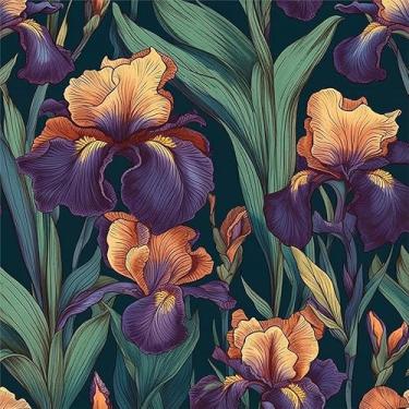 Imagem de Yzogbry Papel de parede vintage roxo íris floral verde descascar e colar papel de parede decoração de parede autoadesivo papel de parede adesivo fácil de remover contato para apartamento de locatário