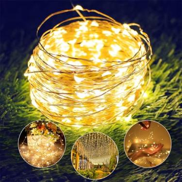 Imagem de Luz de Fada 10 Metros 100 LEDs Quente, Decoração Natal Pisca Pisca, Casamento, Festa, Quarto, Varanda, Cordão Luminoso Ambiente Fio Cobre Enfeite Casa Jardim Piscina Cortina Balada