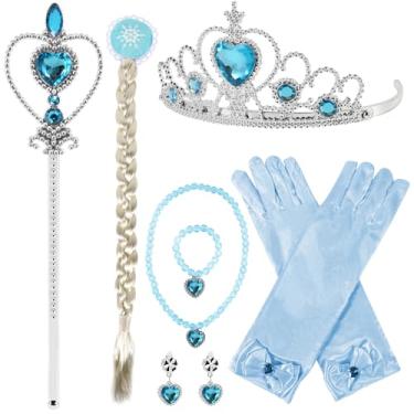 Imagem de jayuwe 7 peças de acessórios de vestido de princesa, coroa de princesa, peruca, varinha mágica, luvas, colar, pulseira, brincos para meninas, cosplay, festa de aniversário