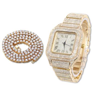 Imagem de richhut Relógio de diamante masculino - mostrador quadrado - pulseira de 20 mm de largura banhado a ouro real 18 k ouro branco banhado a platina, com conjunto de corrente de tênis opcional, presente