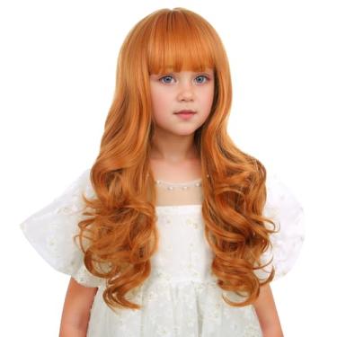 Imagem de DUDUWIG Peruca feminina laranja de gengibre longa com franja plana para crianças, perucas onduladas de gengibre, cacheadas, resistentes ao calor, perucas sintéticas com touca