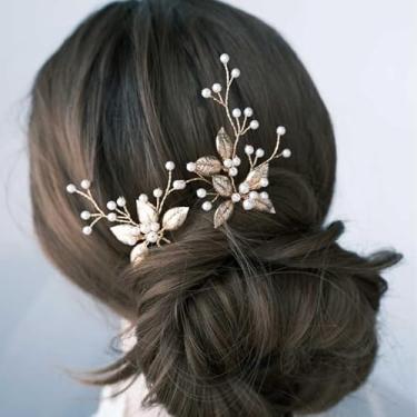 Imagem de Alfinetes de cabelo luxuosos com folhas douradas para mulheres, estilo chinês, elegantes perolados, design de nicho, joias delicadas, acessórios de cabelo para noivas para casamento