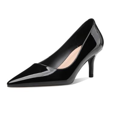 Imagem de CosyFever DC65 Escarpim feminino de cano baixo com bico fino e cabedal stiletto, Couro envernizado preto, 8.5