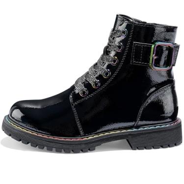 Imagem de Dodow Botas De Cano Curto Para Meninas, Combate Com Glitter, Zíper E Cadarço, Vestido Inverno Crianças Pequenas Grandes, Tamanho Preto 4,5