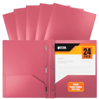 Imagem de Better Office Products Pasta de plástico rosa com 2 bolsos com pinos, pasta de poliéster de tamanho letra, pesada, 24 unidades, com 3 clipes de metal para prendedores de pressão, rosa