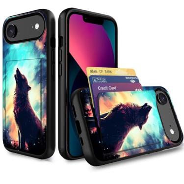 Imagem de wiaekosef Capa para iPhone Air, carteira com suporte para cartão de crédito de camada dupla híbrida à prova de choque PC + capa de TPU para iPhone Air 6,5 polegadas 2025, lobo uivando