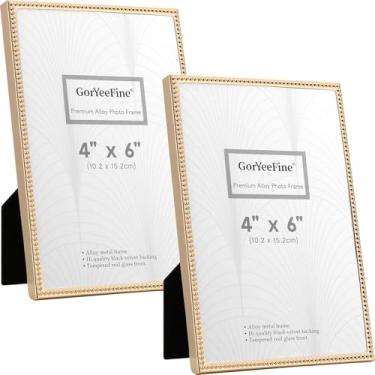 Imagem de YiPinYin Molduras metálicas douradas 10 x 15 cm, pacote com 2 - design delicado com contas, visual elegante e elegante, suporte de vidro real e veludo para decoração de mesa ou parede.