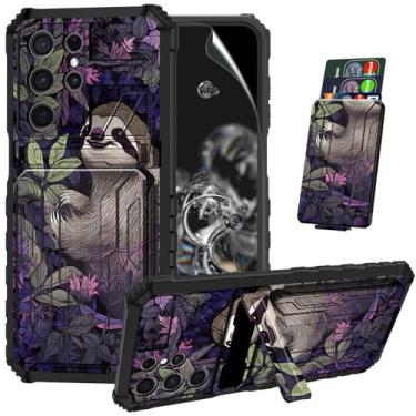 Imagem de ACWDMKH Capa para Samsung Galaxy S24 Ultra com suporte, protetor de tela e suporte de cartão, capa para Samsung Galaxy S24 Ultra capa carteira híbrida de camada dupla, capa resistente, preguiça fofa