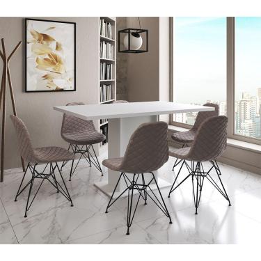 Imagem de Mesa Jantar Londres Retangular Branca137X90 6 Cadeiras Estofadas Nude Médio Ferro Preto