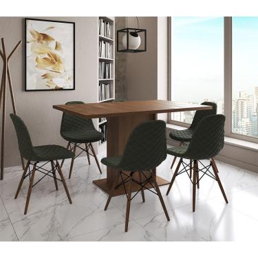 Imagem de Mesa Jantar Londres Retangular Amêndoa 137X90Cm 6 Cadeiras Estofadas Verde Madeira