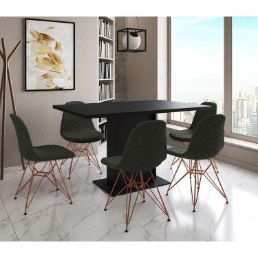 Imagem de Mesa Jantar Londres Retangular Preta 137X90Cm 6 Cadeiras Estofadas Verde Base Cobre