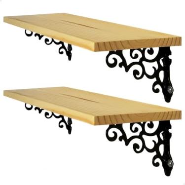 Imagem de Kit 2 Prateleira Madeira 75x25 Mão Francesa Cantoneira Alumínio (Preto)