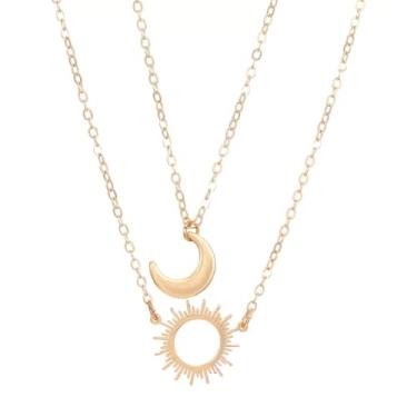 Imagem de Colar feminino de sol e lua, banhado a ouro 18K, joia celestial em camadas, colar com pingente de sol e lua, delicado boho em forma de Y, colares minimalistas, corrente em camadas, joias, presente de