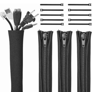 Imagem de Gobelieve Pacote com 4 capas de gerenciamento de cabos com 10 clipes de cabo para fios, fecho de zíper de nylon para organização de fios de mesa, capa de cabo de computador ajustável para uso