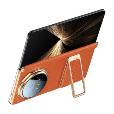 Imagem de FWYANZH Capa para Honor Magic V5, capa traseira de couro genuíno, alça de mão invisível, suporte com tudo incluído, dobradiça à prova de choque, laranja, V5