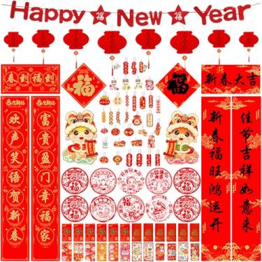 Imagem de Auzesto 90Pcs Decoração De Ano Novo Chinês 2025, Dísticos Chineses Chunlian Lanternas Vermelhas Envelopes Vermelhos Papel Sorte Enfeites Pendurados Banner Personagem Fu Decoração De Janela Para O An