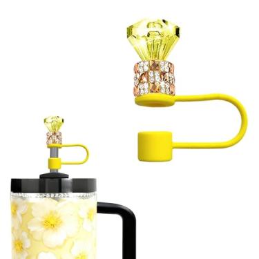 Imagem de JIASHEBDE Conjunto de topo de palha de diamante para Stanley Cup 850 g 1,134 g, tampas de strass brilhantes, capas de silicone reutilizáveis à prova de poeira para presentes femininos (1 peça amarela)