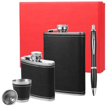Imagem de Conjunto de garrafa de quadril, inclui frasco de 227 g, jarro de 85 g, copos de 30 ml, funil de aço inoxidável, caneta, corpo em forma de U, embalagem de caixa de presente requintada, enseada de couro