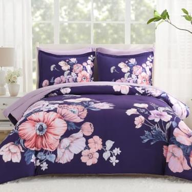 Imagem de LLDSYW Conjunto de edredom e lençol King Size com 7 peças, roxo, escuro, flor de microfibra macia, conjunto completo de cama para todas as estações (roxo escuro, 264 x 228 cm)