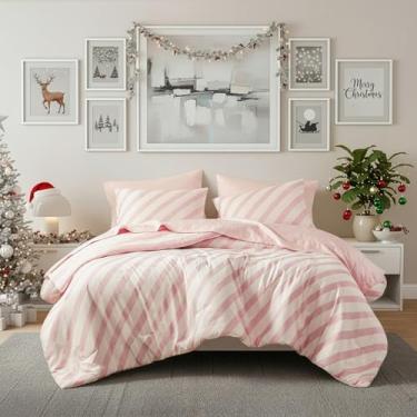 Imagem de Jogo de cama casal listrado reversível em uma bolsa, 7 peças com design de listras de dupla face - jogo de cama quente e aconchegante inclui edredom de tamanho casal, conjunto de lençóis, fronhas e