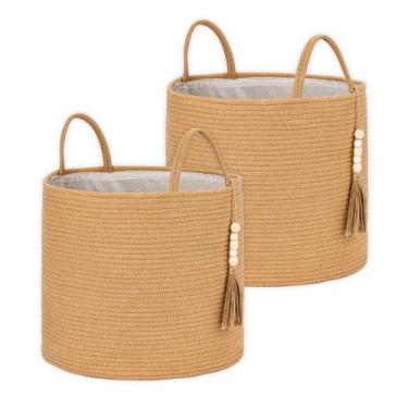 Imagem de 2 cestas decorativas de tecido – Caixa de corda de juta natural com decoração e alças de contas de madeira, 40 cm L × 30 cm C C Organizador para cobertores, brinquedos, roupas, sapatos, plantas