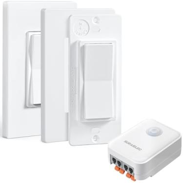 Imagem de SURAIELEC Kit de interruptor e receptor de luz de controle remoto sem fio de 3 vias, interruptor de parede RF de 15 A, alcance de 30,5 m, design ultrafino, fiação push-in, sistema expansível para