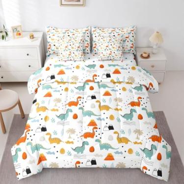 Imagem de Feelyou Jogo de edredom fofo de dinossauro, 7 peças, solteiro, desenho animado, dinossauro, para crianças, meninos, meninas, planta selvagem, dinossauro, para decoração de quarto, microfibra leve e