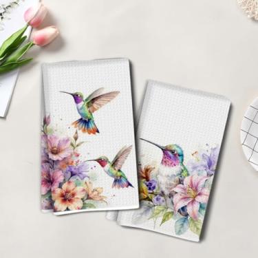 Imagem de 2 peças de toalhas de cozinha artísticas de flores coloridas, toalha de mão de chá super absorvente de pássaros, panos de prato de microfibra para secar pratos, toalhas de prato waffle para cozinha