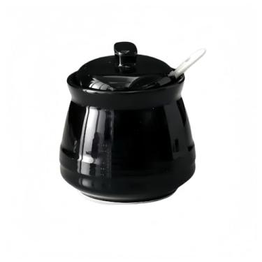 Imagem de Dwlire Açucareiro de cerâmica com tampa e colher, pote de açúcar de porcelana de 340 g, dispensador de açúcar, recipiente de sal de açúcar para recipientes de bancada de casa e cozinha, preto