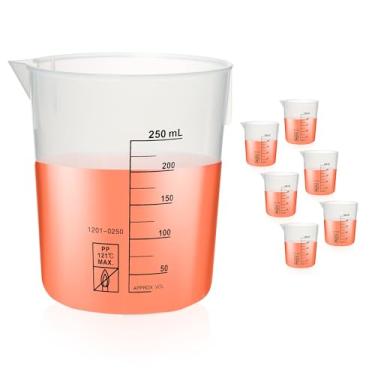 Imagem de Conjunto de 6 copos de plástico, 6 peças de copos graduados pretos de 250 ml, copos graduados de laboratório, copo de medição de plástico com bico de despejo e nervuras laterais empilhadas, adequado