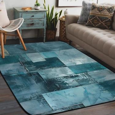 Imagem de Tapete de área para sala de estar, lavável à máquina, placa de madeira, retrô, azul, antiderrapante, tapete macio, para sala de estar, quarto, sala de jantar, berçário, cozinha, decoração de casa