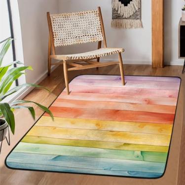 Imagem de Tapete de área para sala de estar, lavável à máquina, tábua de madeira, arco-íris, colorido, antiderrapante, tapete macio, para sala de estar, quarto, sala de jantar, berçário, cozinha, decoração de
