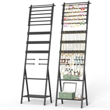 Imagem de NOVIMANGO Suporte organizador de joias de chão com brinco organizador de colar, armário de joias alto para colar, relógios, anéis, pulseira, 54 furos, suporte de brinco de metal, preto