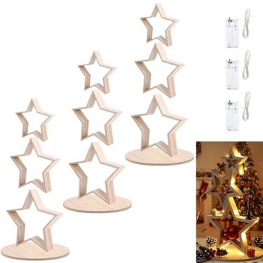 Imagem de 3 conjuntos de decoração de mesa de estrela de madeira de Natal com faixa de luz, placa central de mesa de madeira para artesanato, prateleira de estrela, decoração de exibição faça você mesmo